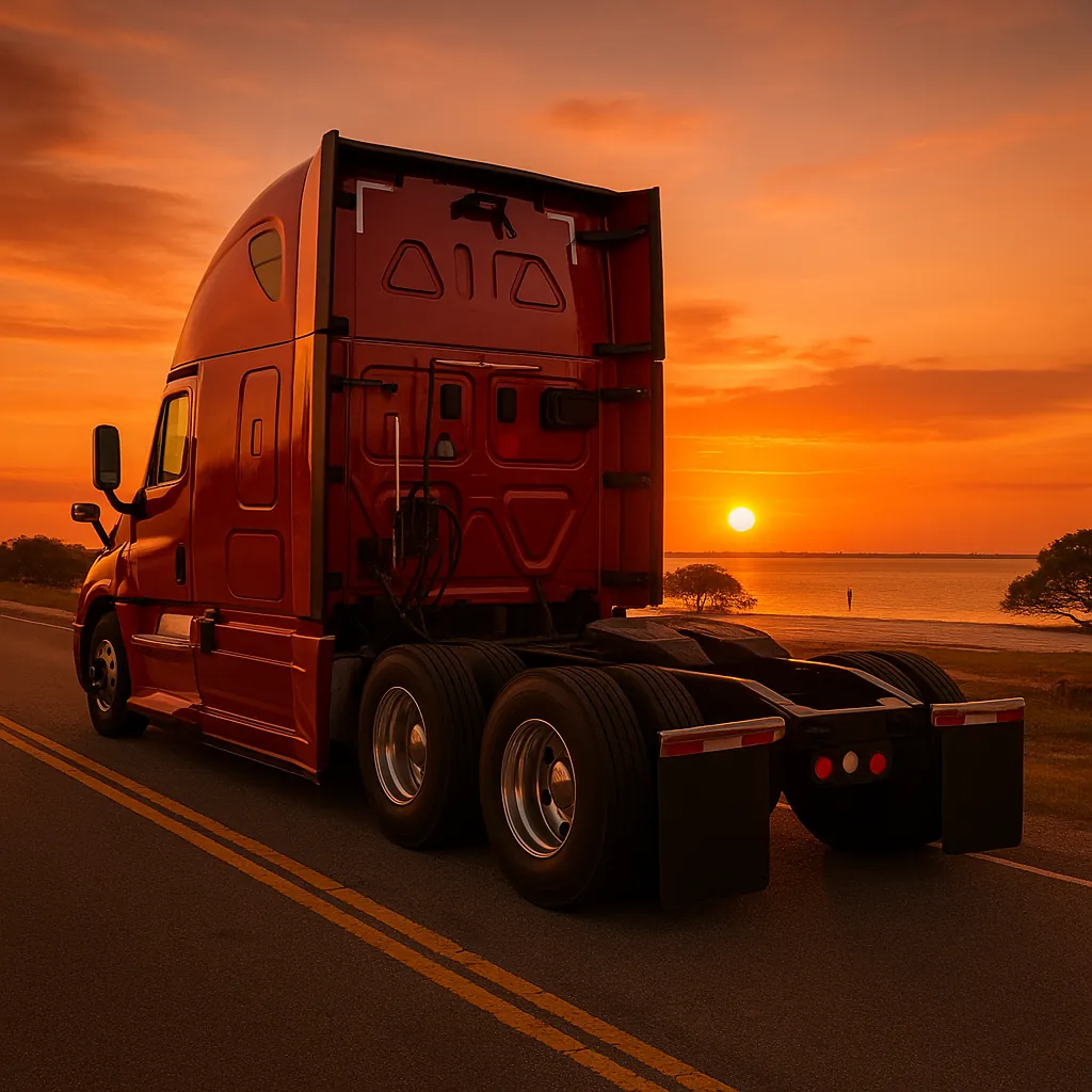 Freightliner Cascadia 126 driving into sunrise
