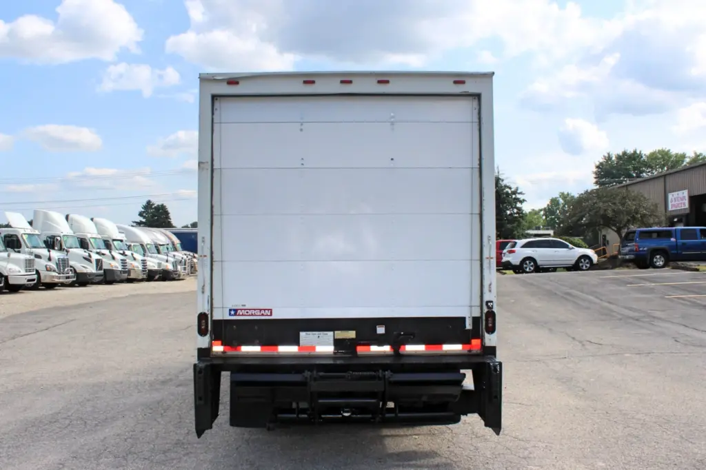 2019 Isuzu NPR HD box truck rear roll-up door view