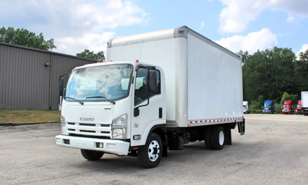 2019 Isuzu NPR HD white box truck front driver side view