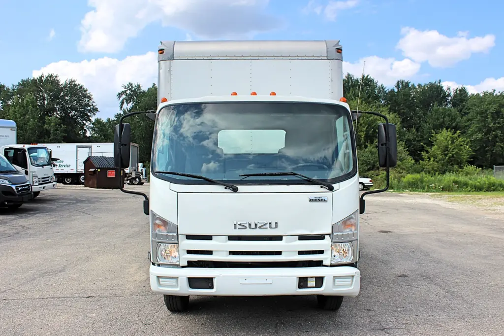 2019 Isuzu NPR HD white box truck front view