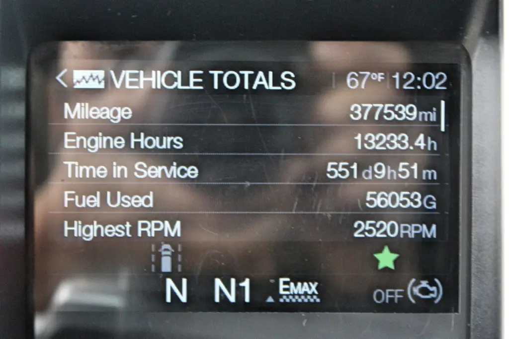 2023 Mack Anthem – vehicle totals showing 377,539 miles and 13,233 engine hours