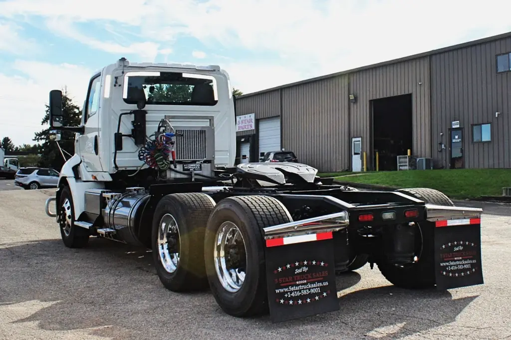 2020 International RH613 rear three-quarter chassis view with fifth wheel and tandem axles
