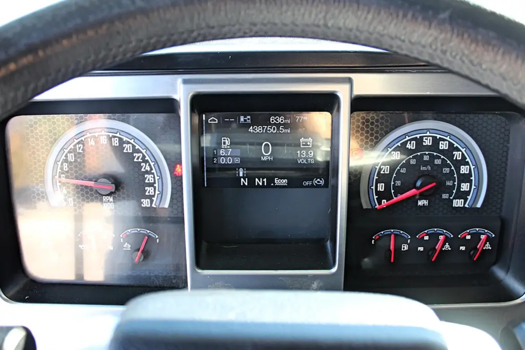 2023 Mack Anthem — instrument cluster with tachometer, speedometer, fuel and air gauges, and digital display reading 438,750.5 mi
