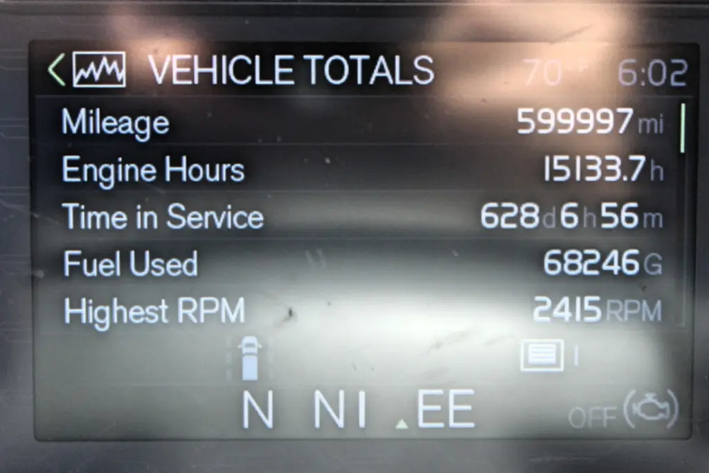 2020 Volvo VNL 760 – vehicle totals showing 599,997 miles and 15,133 engine hours