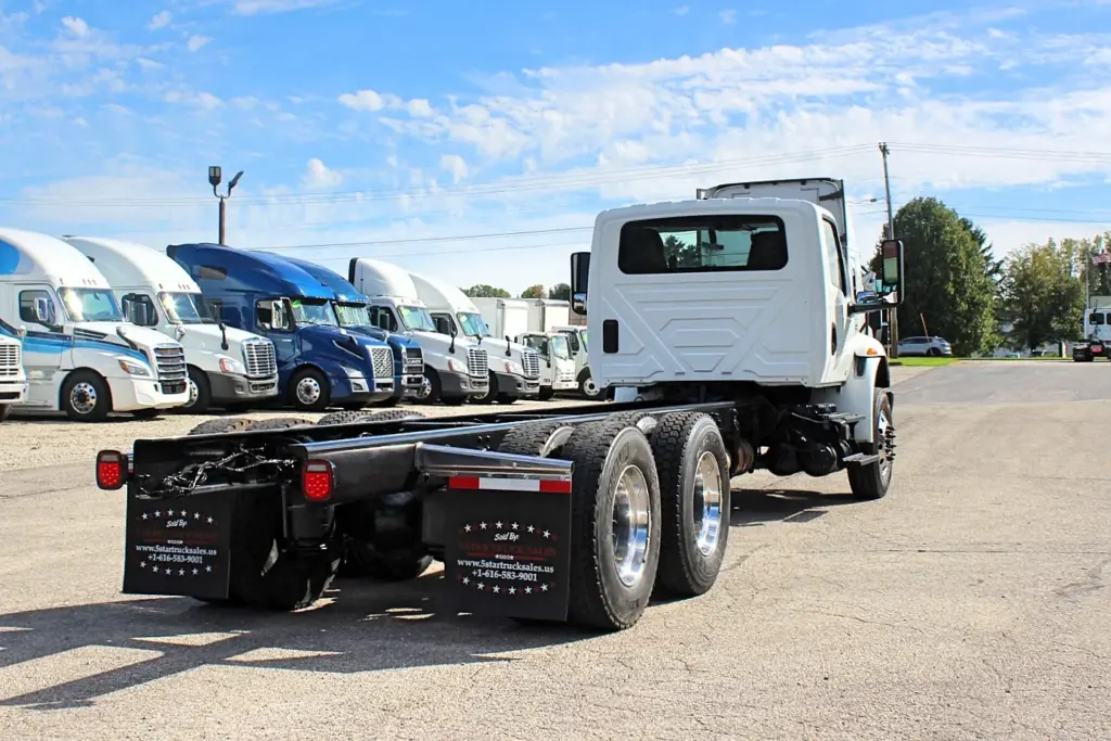 2020 International MV607 – rear three-quarter view of long frame cab and chassis