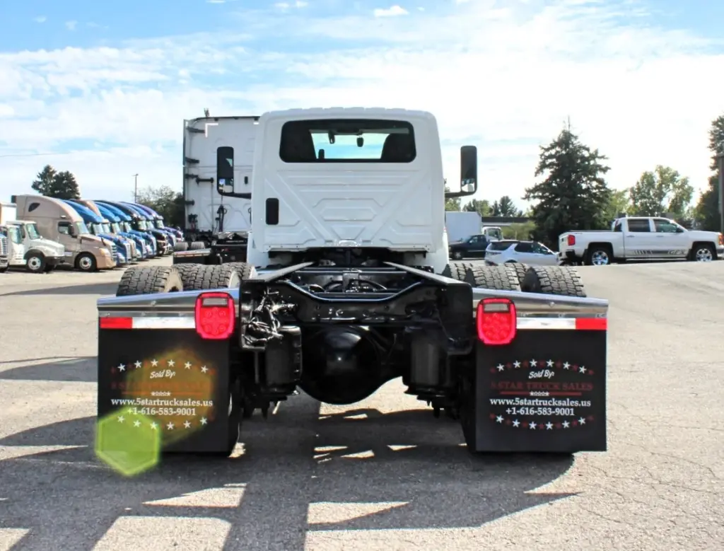 2020 International MV607 – straight rear view of tandem axle cab and chassis