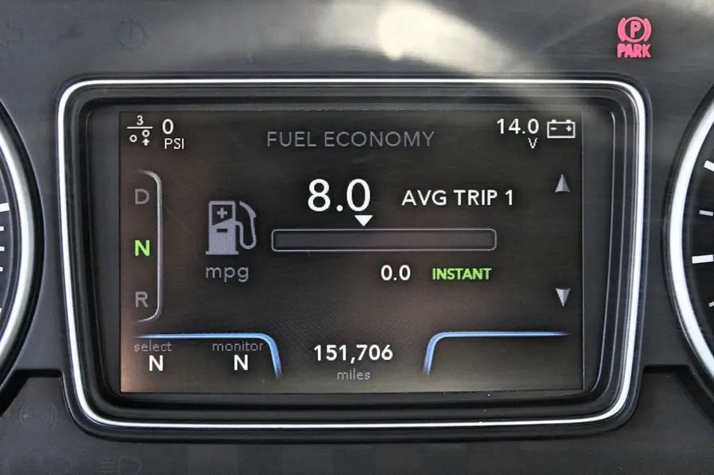 2020 International MV607 – digital dash displaying fuel economy and 151,706 miles