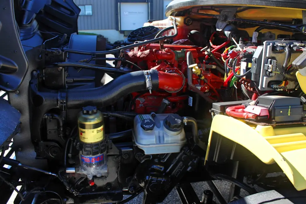 2016 Freightliner M2-106 Box Truck – engine compartment showing Cummins diesel engine and under-hood components.