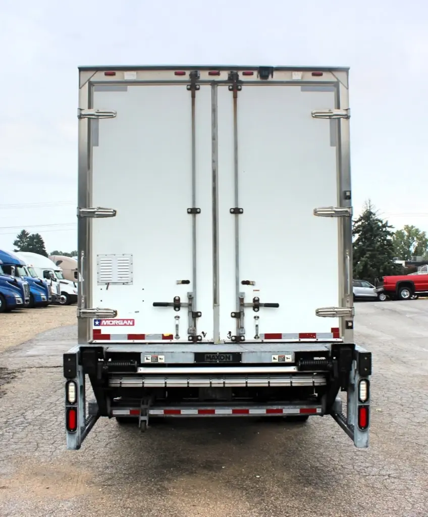 2016 Freightliner M2-106 box truck – rear view showing Morgan swing doors and Maxon liftgate