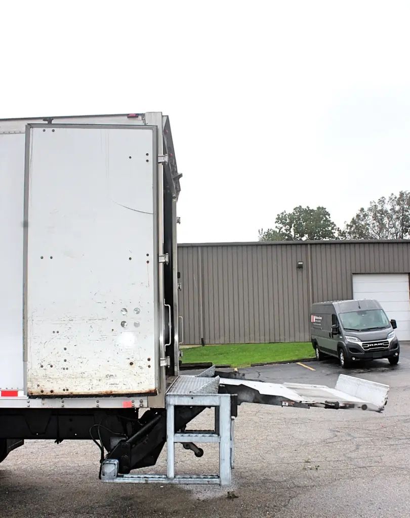 2016 Freightliner M2-106 box truck – rear cargo door open with Maxon liftgate extended