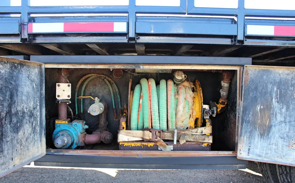 2018 Freightliner 114SD – utility body compartment with hose reel, pump and fluid handling equipment.