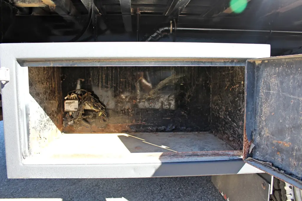 2018 Freightliner 114SD – open underbody storage compartment mounted beneath flatbed.