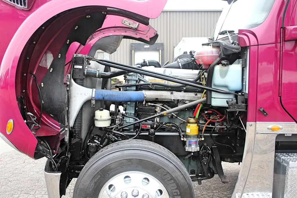 2020 Freightliner Coronado 132 Glider – open hood view of engine compartment and engine components