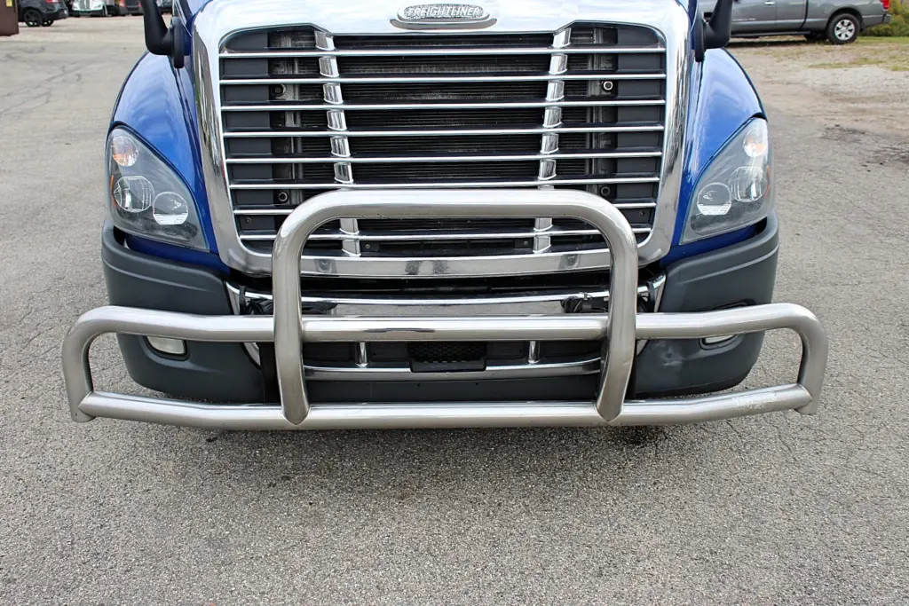 2020 Freightliner Cascadia 125 Glider – chrome front grille guard and bumper protection close-up.