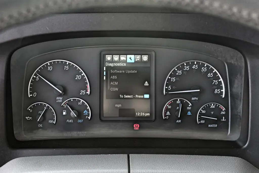 2021 Freightliner Cascadia 126 — gauge cluster with tachometer, speedometer and diagnostics screen on display